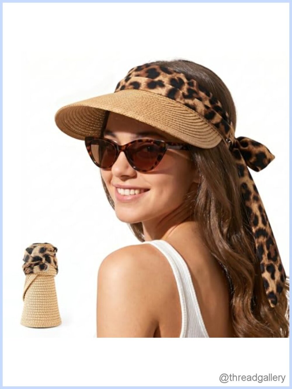 Woven Straw Sun Visor Hat with Detachable Leopard Strap